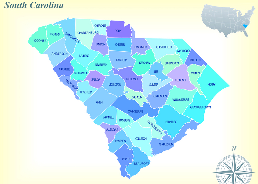 Map of South Carolina showing counties